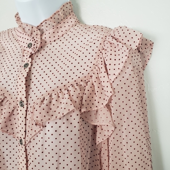 Zara Women's Small Sheer Light Pink Long Sleeve Blouse Red Velvet Polka Dots Top - Picture 7 of 9